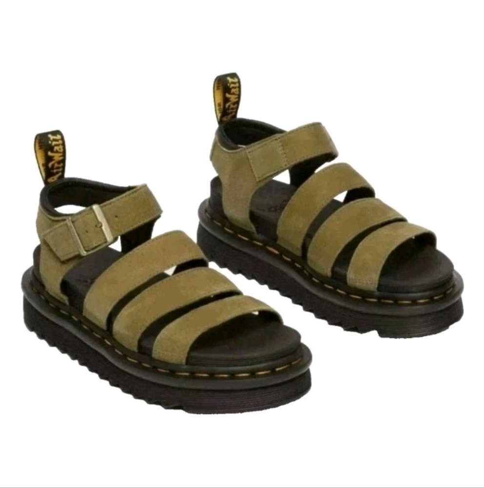 Dr Martens Blaire Mutted Olive Leather Platform Strappy Sandals US 6